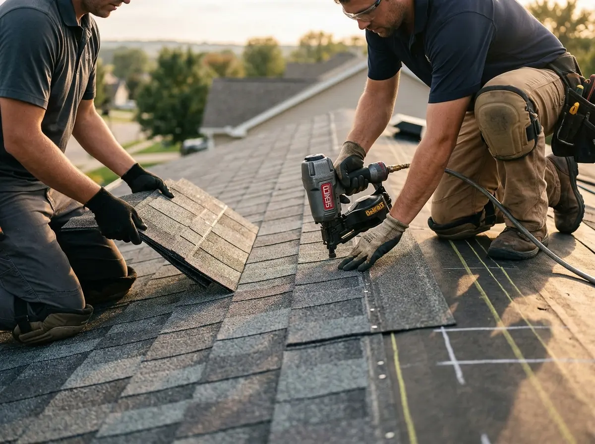 Professional roofer working on a residential roof in Sumner